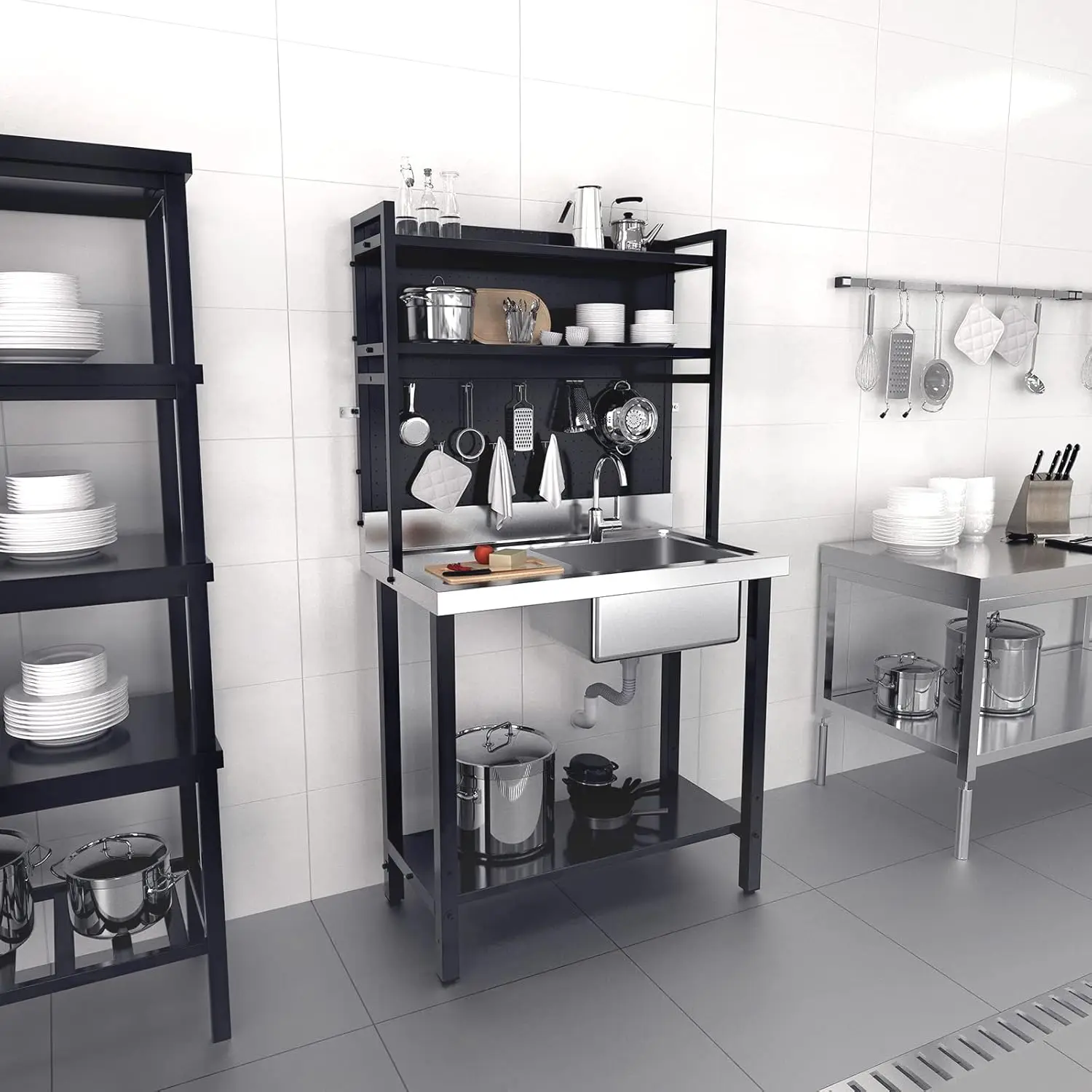 

67'' Commercial Sink with Drainboard and Adjustable Shelves Pegboard for Hanging Tools, 304 Stainless Steel Table, Customized