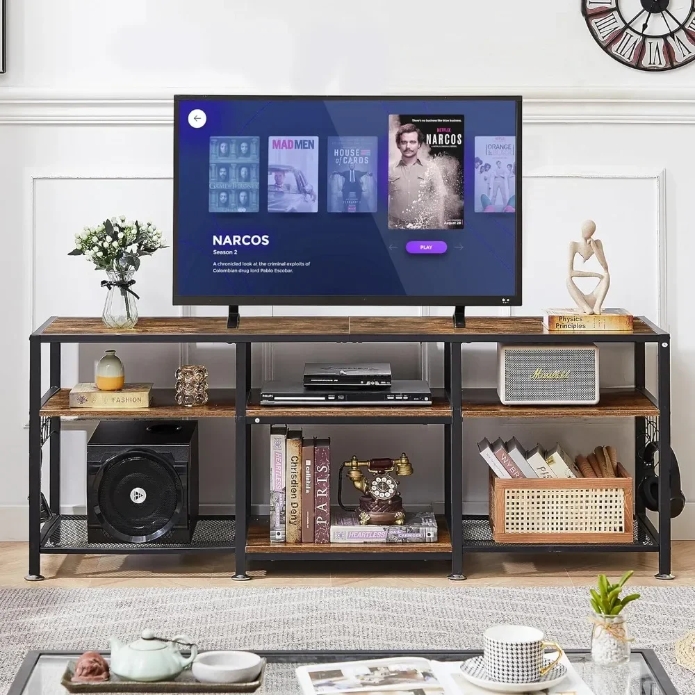 TV Stand for Televisions up to 75 Inch, Industrial Entertainment Center with 3-Tier Open Storage Shelves& Hooks for Living