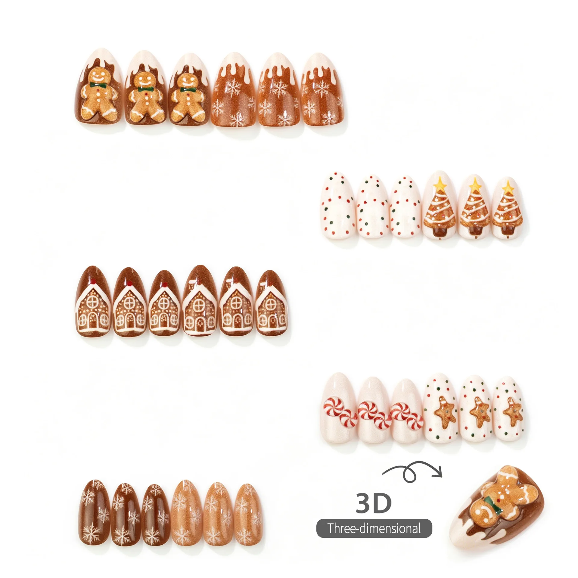 Christmas Trendy Almond Shaped Nail Tips with Beautiful Christmas Tree And Snowflake Design French Style Wearable False Nails 3
