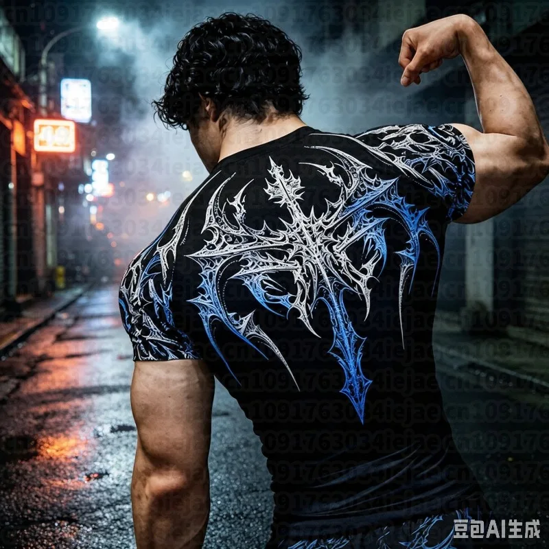 Gothic Battle Short Sleeved Men's Kid Quick Drying Stretch Fitness Suit for Summer Sports with Tight Compression Cuffs T-shirt