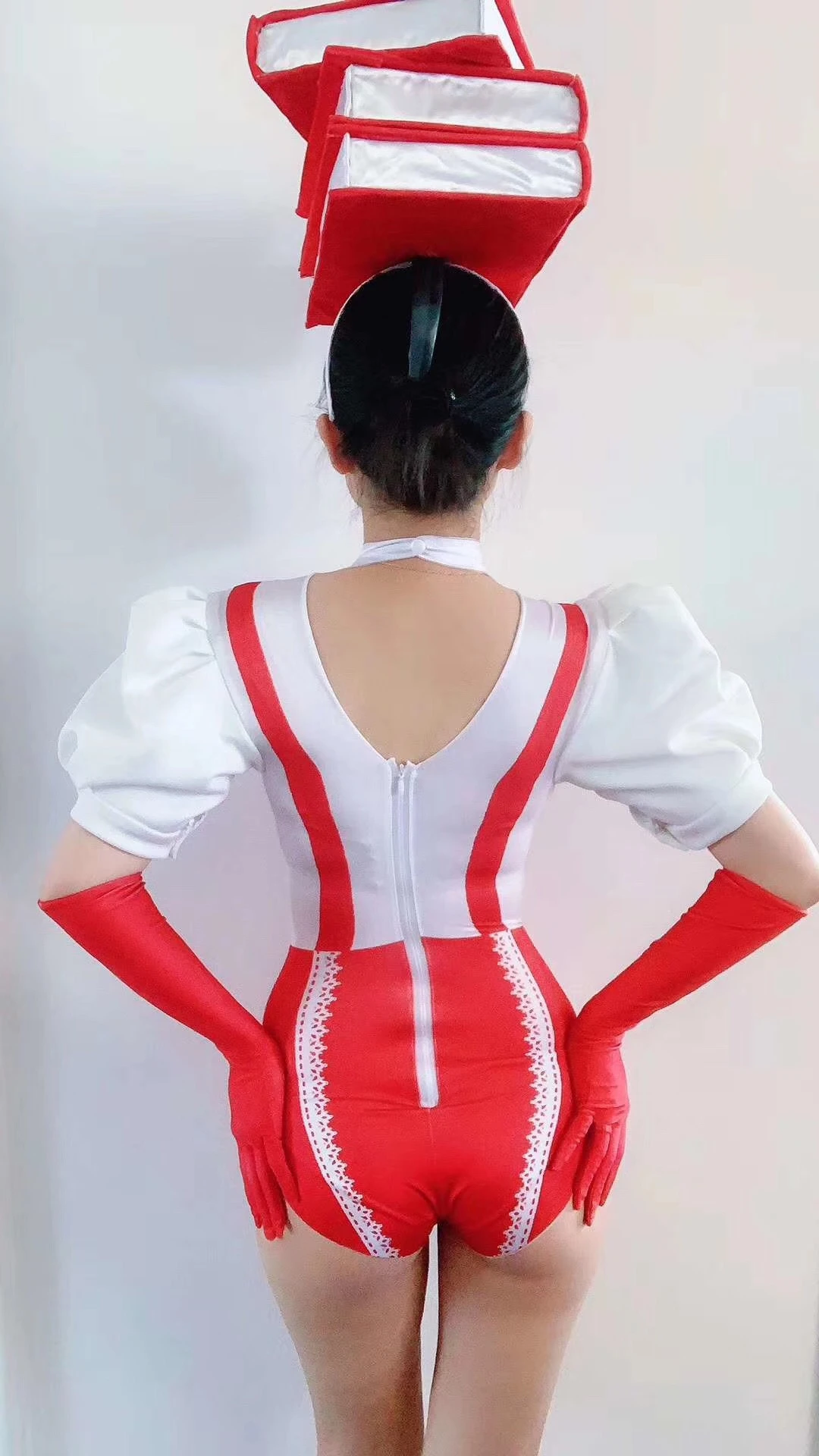 Sexy Personality White Red Big Bow Printed Bodysuits Role-Playing Teacher Costume Skinny Singer Dancer Leotard Stage Wear Outfit