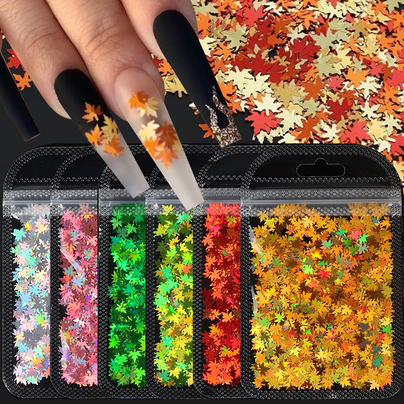 2G Mixed Maple Leaves Sequin Nails Glitter Flakes Fall Colorful Maple Leaf Accessories For Autumn Nail Art Decoration Supplies