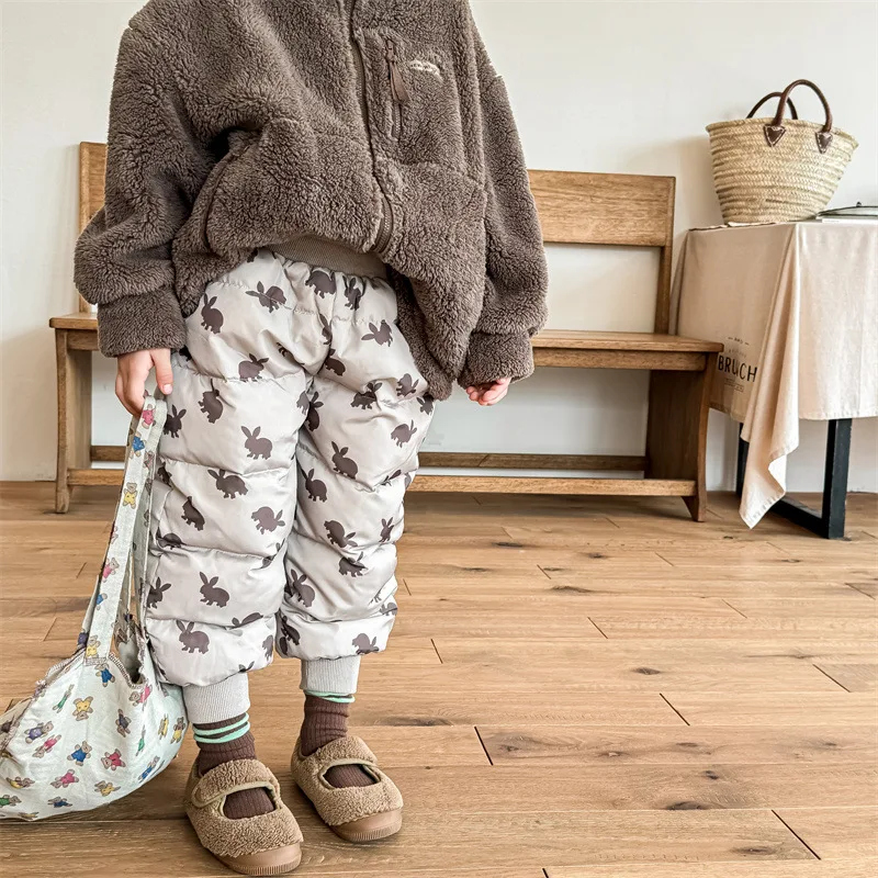 Winter 2025 Girls Korean Style Cotton Pants Thickened Warm Fleece Lined Trousers for Kids 1 To 7 Years Bunny Print