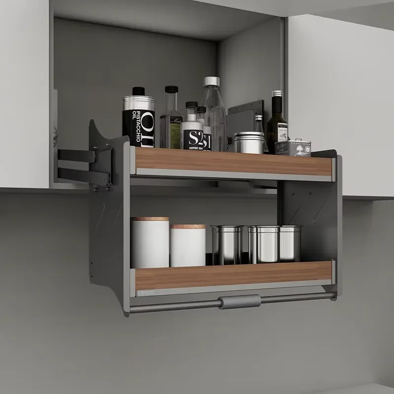 Heavy Duty Aluminum Alloy Pull Out Kitchen Cabinet Organizer Double Layer Sliding Basket Rack Wall Mounted Pantry Storage