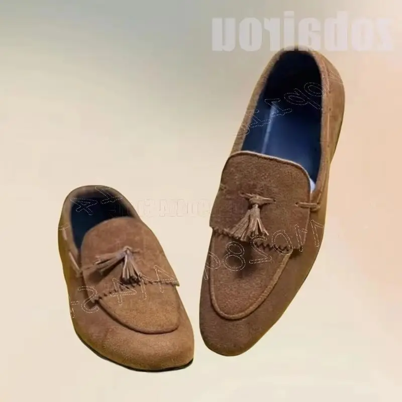 

Brown Suede Knitted Tassels Design Men Loafers Fashion Slip On Men Shoes Luxury Handmade Party Banquet Dating Men Casual Shoes