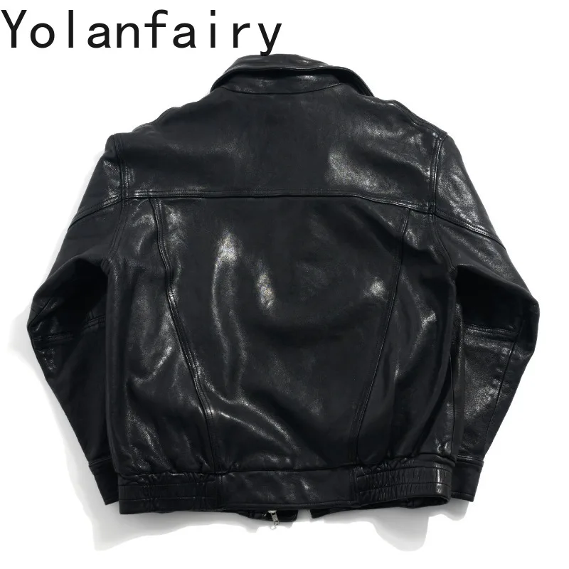 YOLANFAIRY Oversize Loose Wrinkled Vintage Genuine Leather Jacket Men Top Layer Sheepskin Casual Coat Real Black Leather Jcakets
