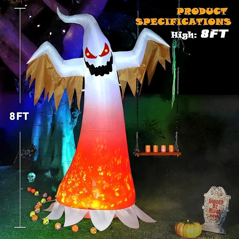 

﻿ 8FT Halloween Inflatable White Ghost Model Color LED Light Flame Luminous Horror Outdoor Decorative Prop Holiday Scary Party