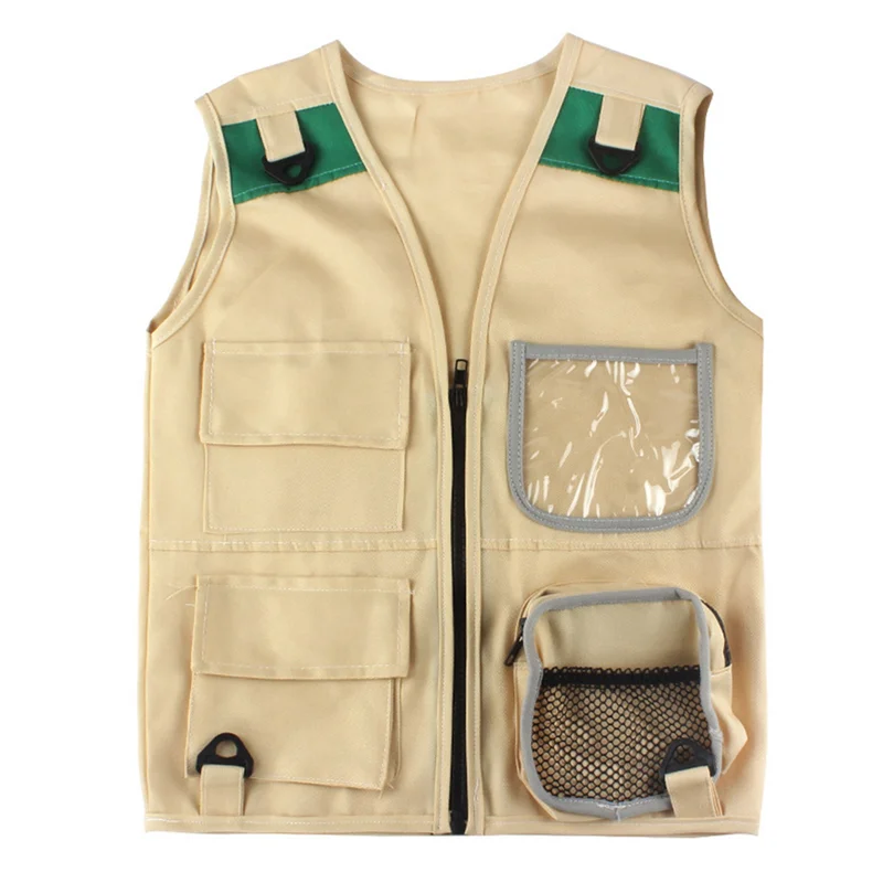 ชุดผจญภัยกลางแจ้ง A04F-2X, เสื้อกั๊กคาร์โก้สีกากีสำหรับเด็กเล็กพร้อมหมวก สวมใส่สบายและทนทาน ชุดนักสำรวจสำหรับเล่นบทบาทสมมติ