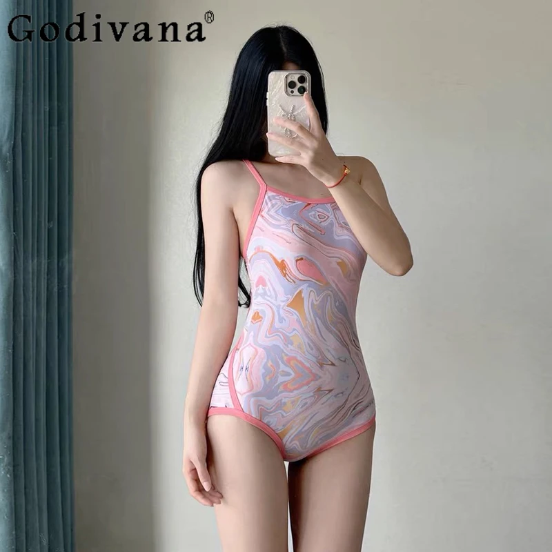 

Swimsuit Women's 2025 New Simple Sweet Triangle One-piece Sports Style Swimwear Summer Sexy Slim Fit Space-up Backless Swimsuits