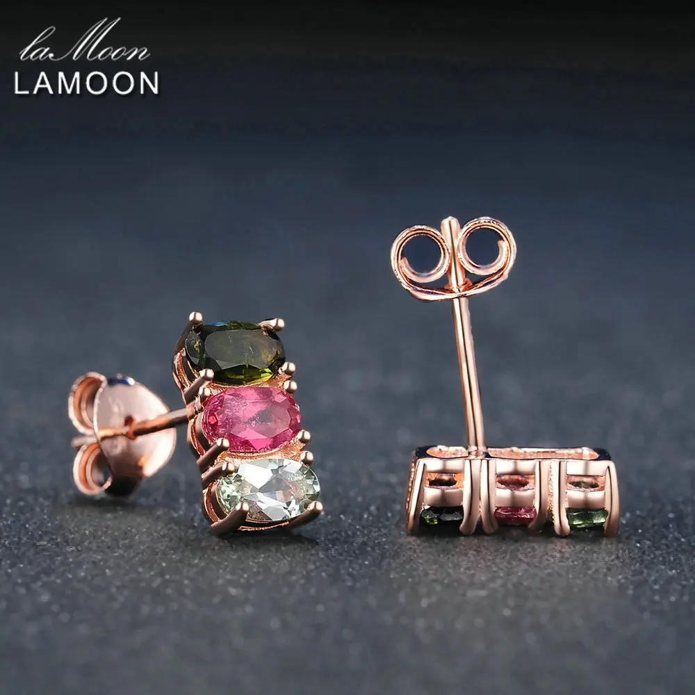 LAMOON Classic 100% Natural Multi-Color Oval Tourmaline 925 Sterling Silver Jewelry  S925 stud Earrings LMEI035