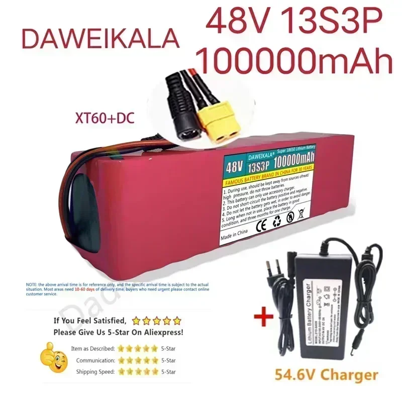 

New 18650 48V 13S3P 100000Ah 1000W lithium-ion battery pack with BMS+charger 54.6v