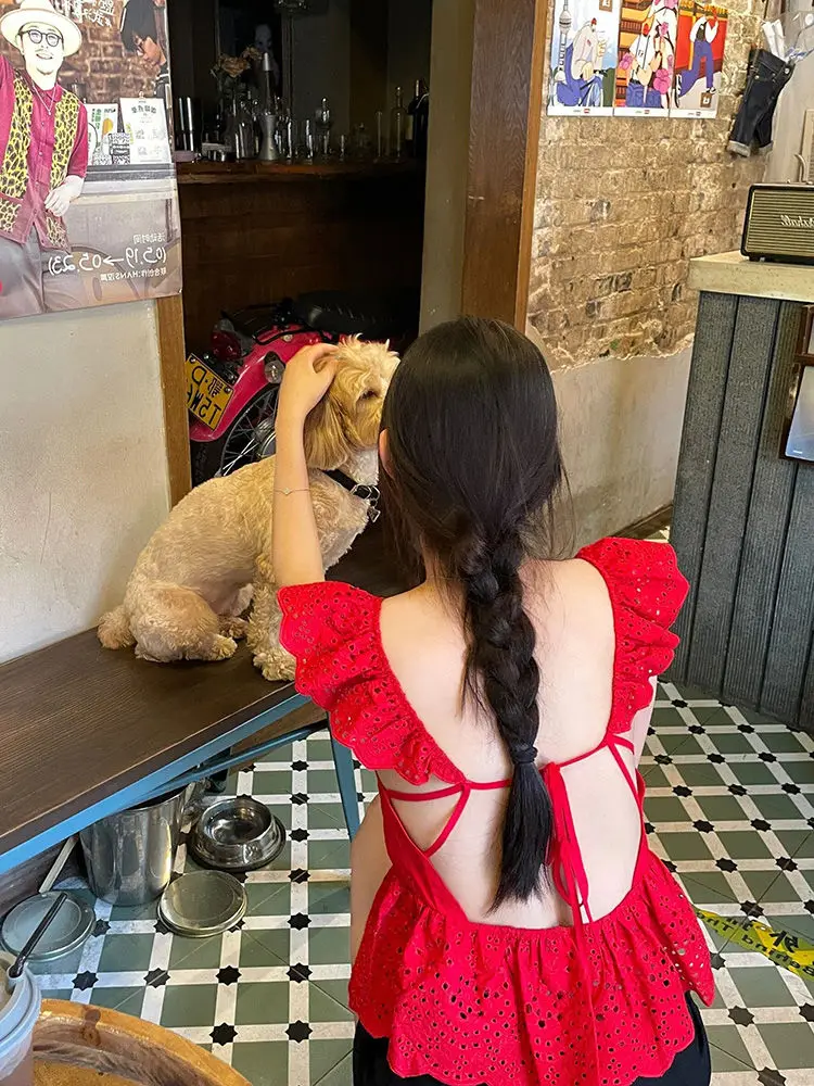 

Pure Desire Shirt Spicy Girl Korean Style Red Square Neck Backless Lace Up Flying Sleeve Shirts Women Camisa Feminina