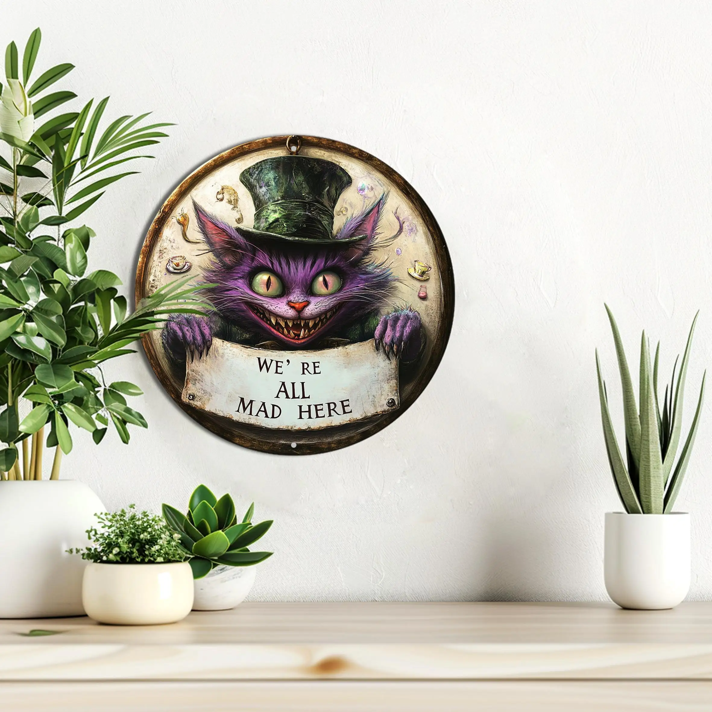 [2D Flat] 1pc Cheshire Cat Whimsical Metal Wall Art - Vintage Round Aluminum Sign with "We're All Mad Here" Design, Purple Creat view 5