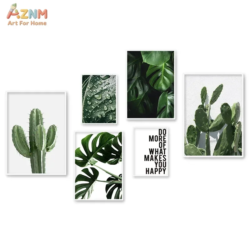 AZNM Green Tropical Plant Canvas Poster Monstera Cactus Do More Of What Makes You Happy Quote Minimalist Botanical Wall Decor, U