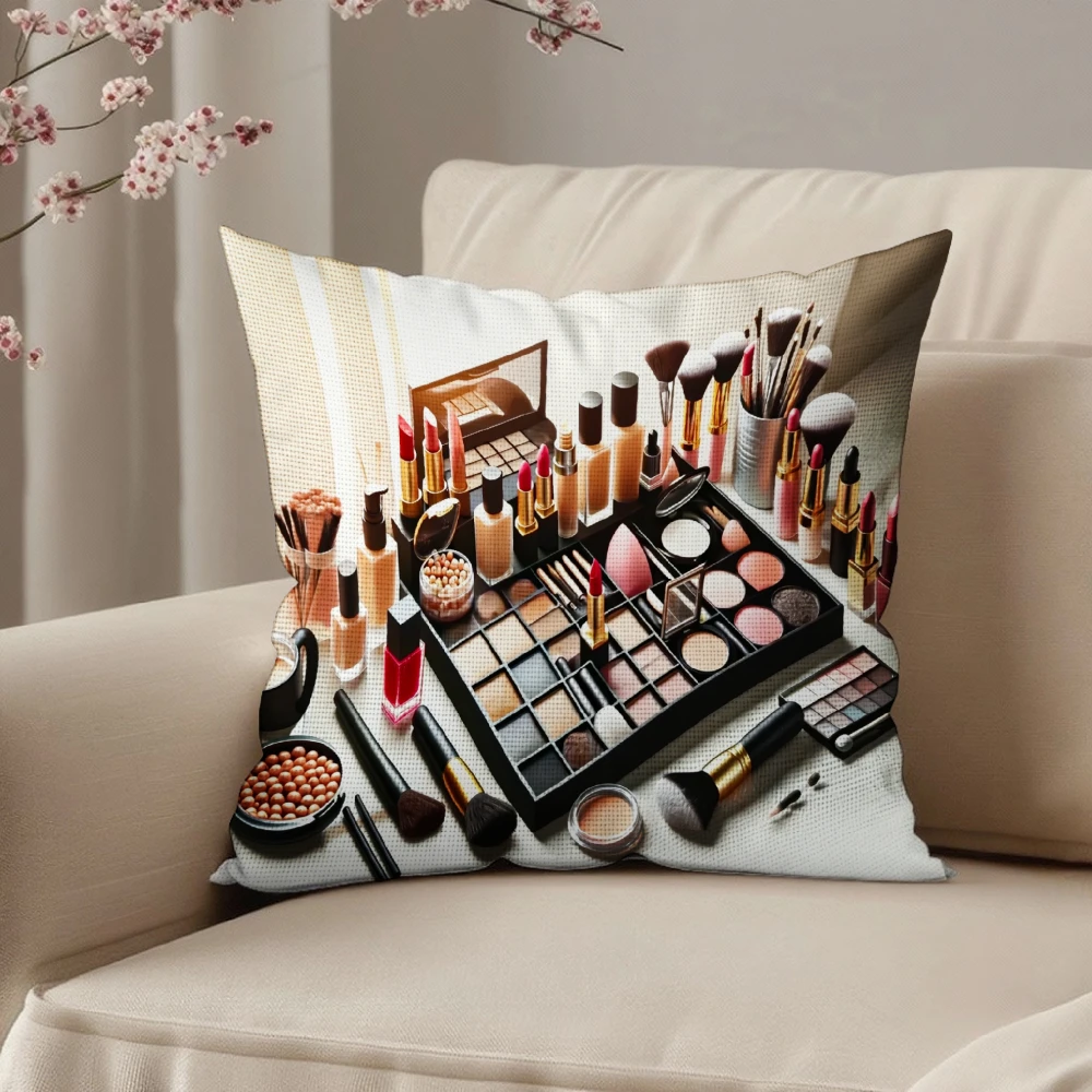 Square Throw Pillow Case White Makeup Cosmetics Print For Living Room Sofa Bedroom Home Decor Cushion Cover