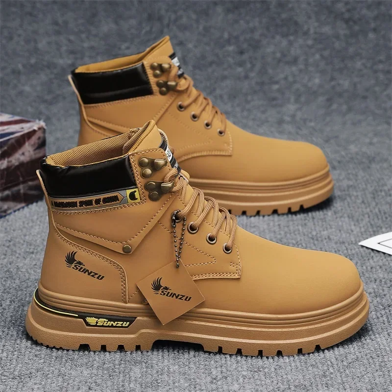 

Fashion Outdoor Sneakers Classic Men High Top Boots High Quality Yellow Leather Boots Men Lace Up Non-Slip Ankle Boots for Men