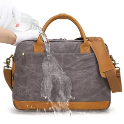 15.6 inch Waterproof Vintage Leather Waxed Canvas Briefcase Handbag Leather Computer Laptop Bag Rugged Satchel Shoulder Bag Men