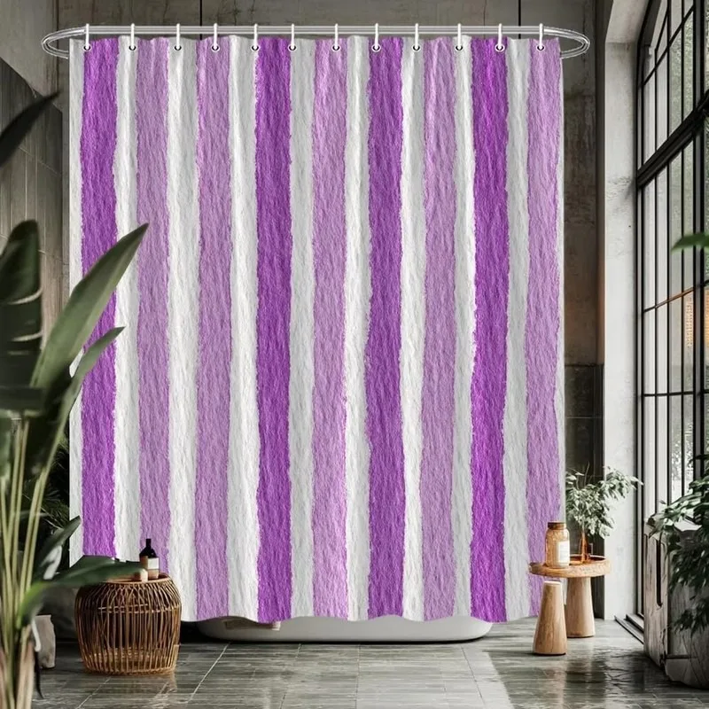 Nordic Purple White Watercolor Vertical Stripes Printed Shower Curtain No Drilling Bathroom Decor With 12 Hooks