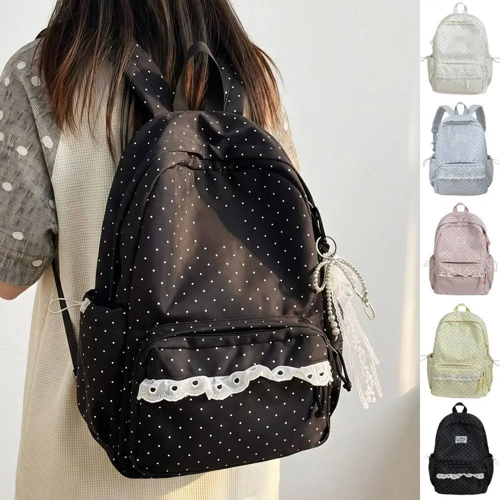 Y2k Sweet Polka Dot Backpack Minimalist Bow Design Lace Trim Rucksack Lightweight Large Capacity Student School Bag Gift