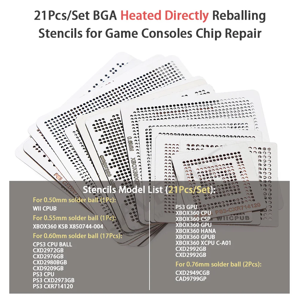 

21Pcs BGA Heated Directly Reballing Templates Stencils for Game Consoles Chip Repair PS3 XBOX360 WII