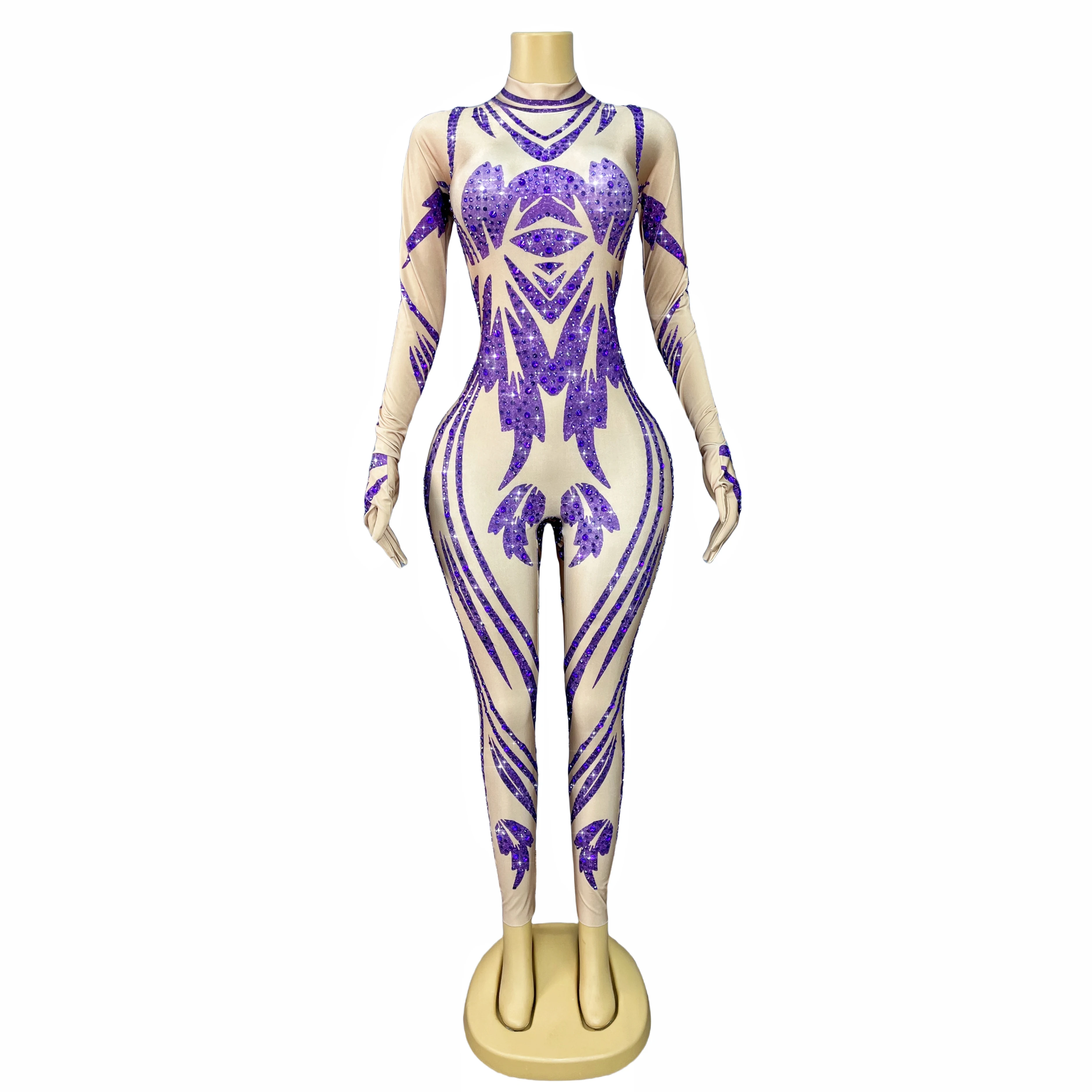 Neue elegante entworfene glänzende lila Strass Sexy Body Frauen Party Show Outfit Sänger Tänzer Leistung Kostüm Zilian