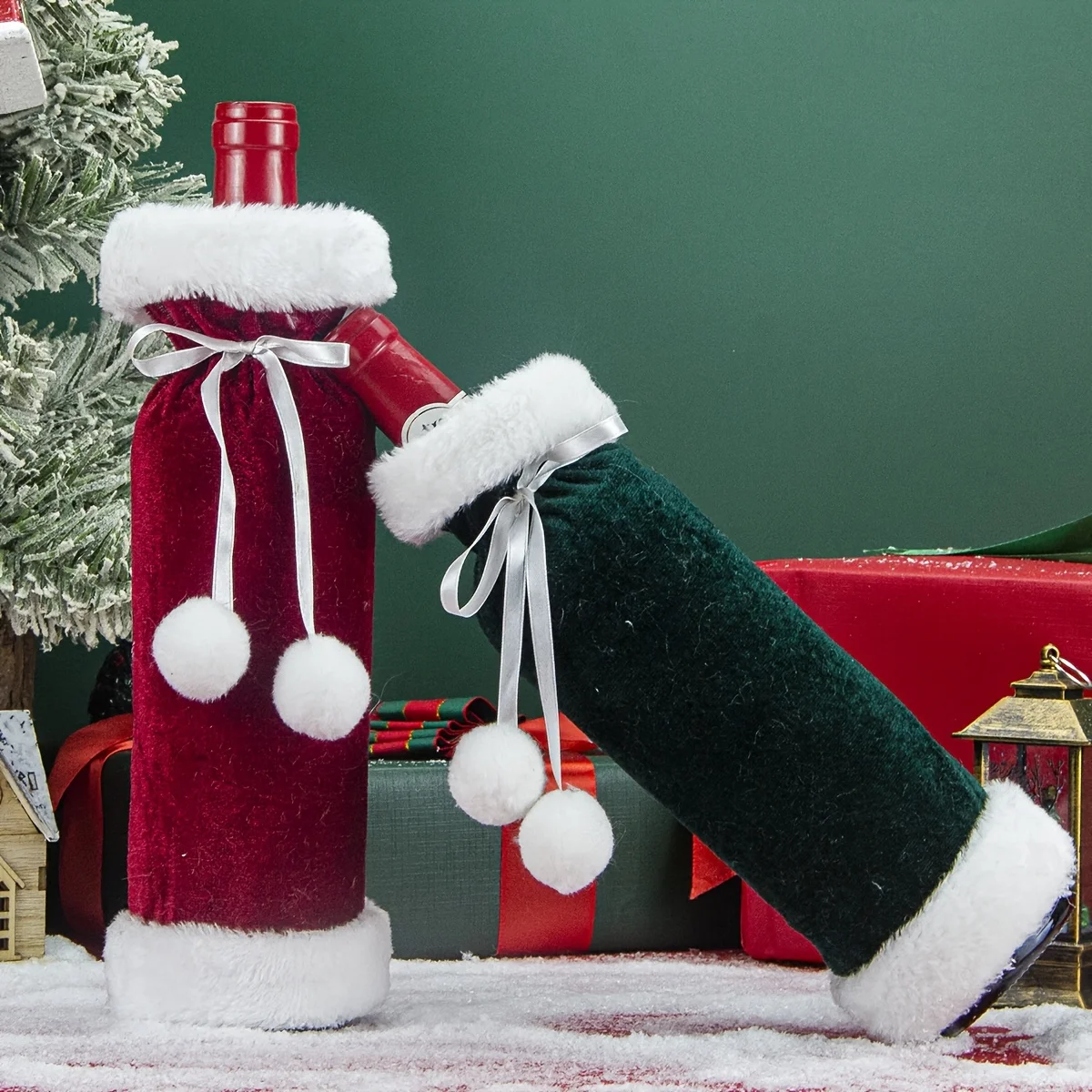 Christmas Wine Bottle Cover Velvet Wine Bag with Pom Pom Bow Xmas Table Party Decoration Gift