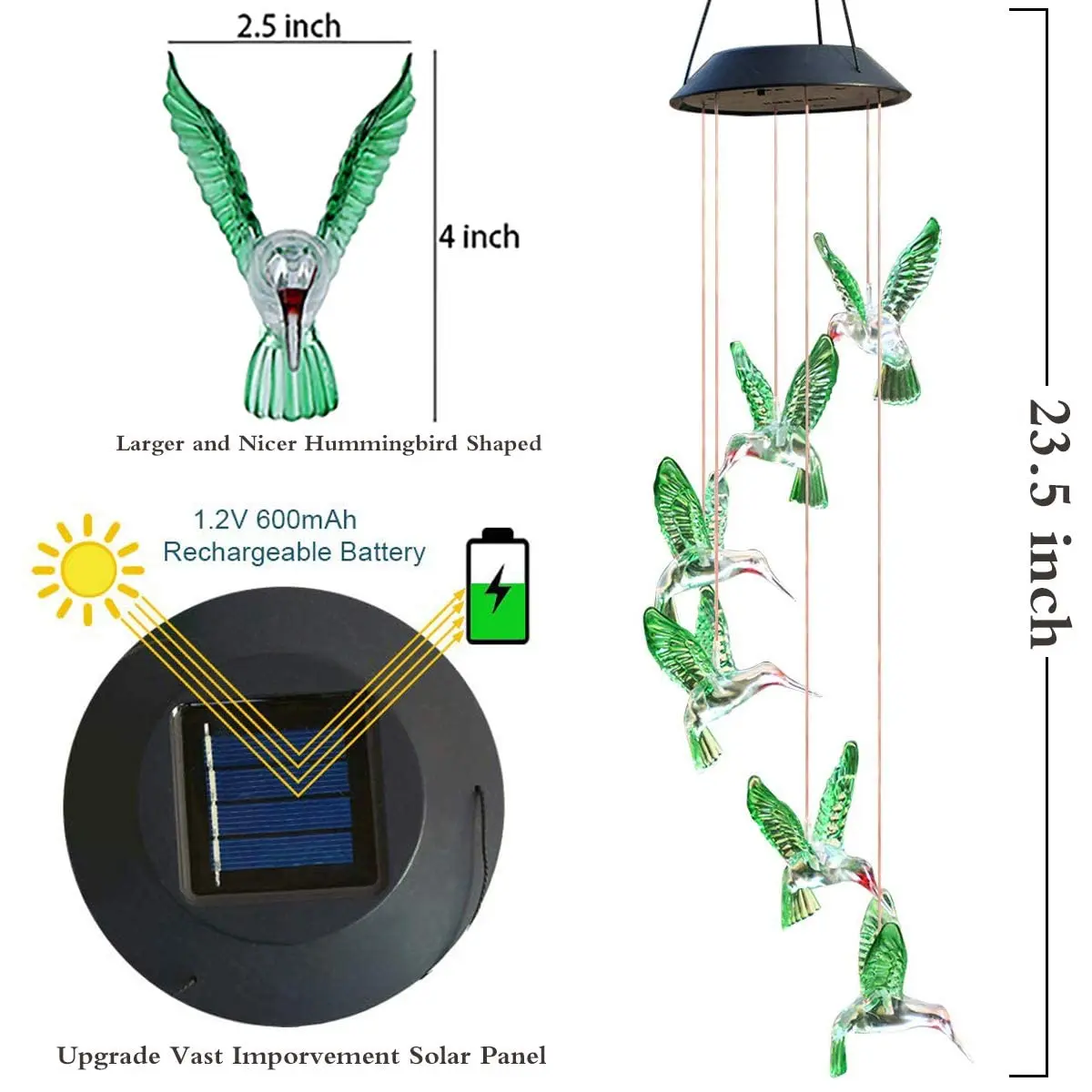 Solar Power Hummingbird Wind Chimes Pendant Lights Solar Rechargeable Lanterns Outdoor Garden Yard Waterproof Decorative Lamp