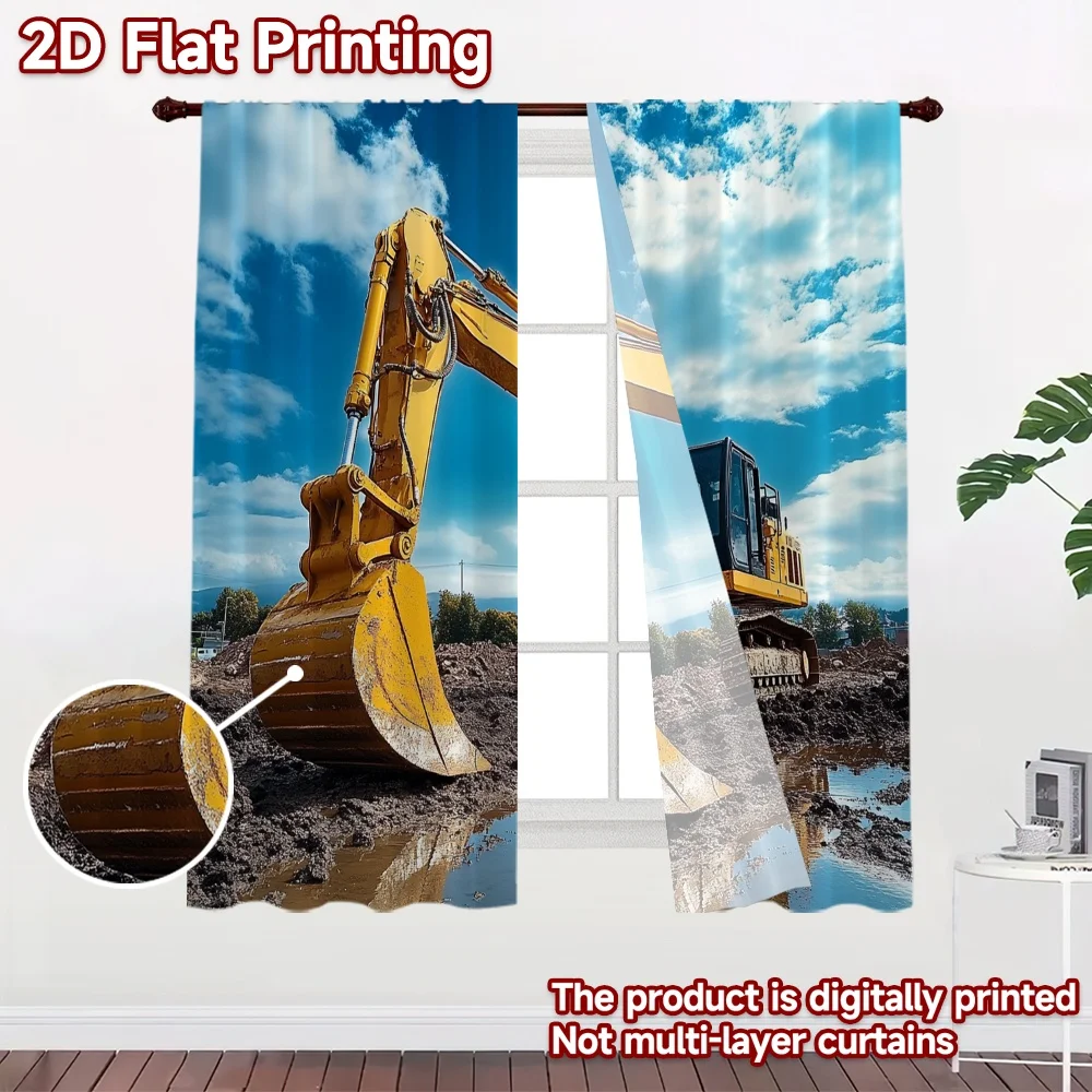 2D flat 2pcs Curtain Modern Minimalist Style Yellow Excavator in Mud Digitally printed polyester Party & Holiday Decor Perfect