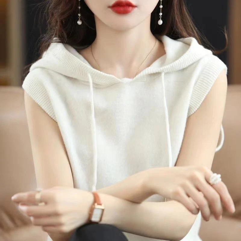 Neue Herbst Winter Frauen casual-Sleeveless Streetwear Weiche Kapuze Gestrickte Pullover Weste Lose Pullover Alle-spiel Weste