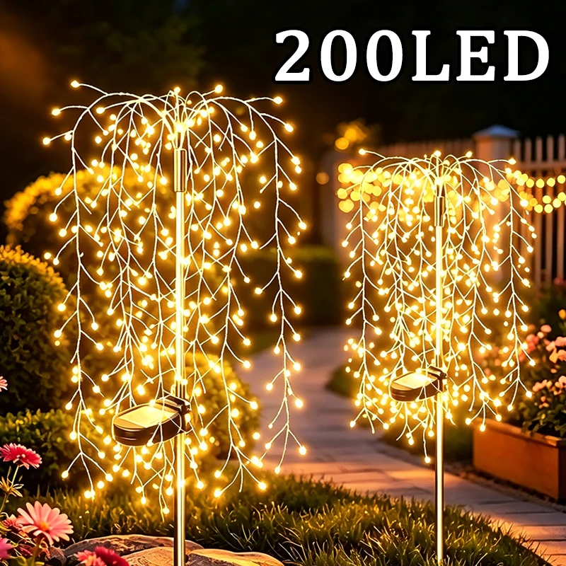 Solar Garden Lights Outdoor 200 LED Sparkler Fireworks Starburst Colorful&warm Lighting Waterproof Outside Yard Art Decorations