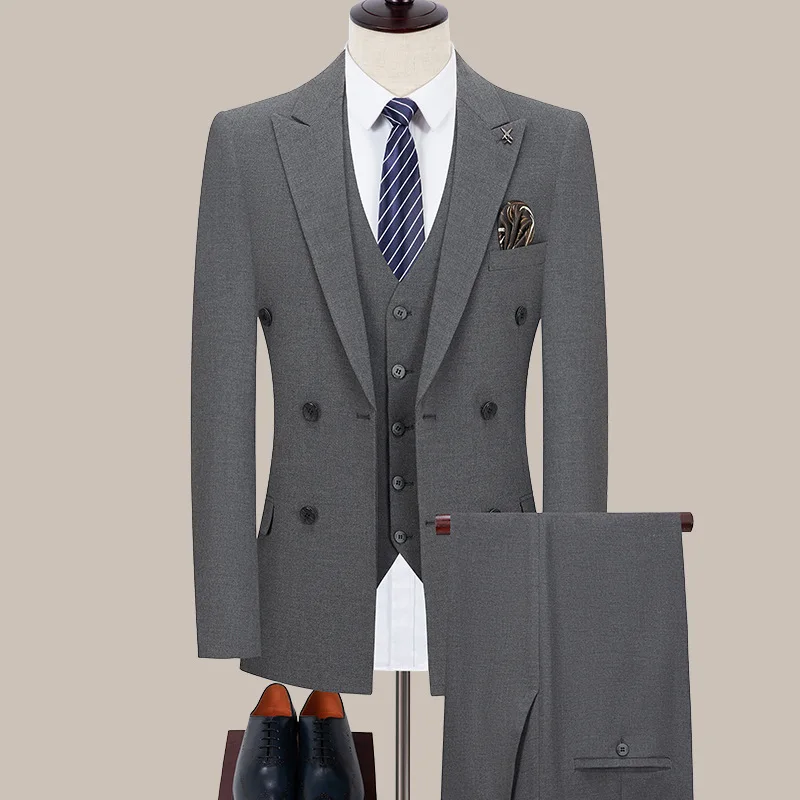 

Мужской костюм KIDWHXR: весенний, однотонный, двубортный, с длинным рукавом, приталенный, для свадьбы, для жениха, комплект из 3 предметов