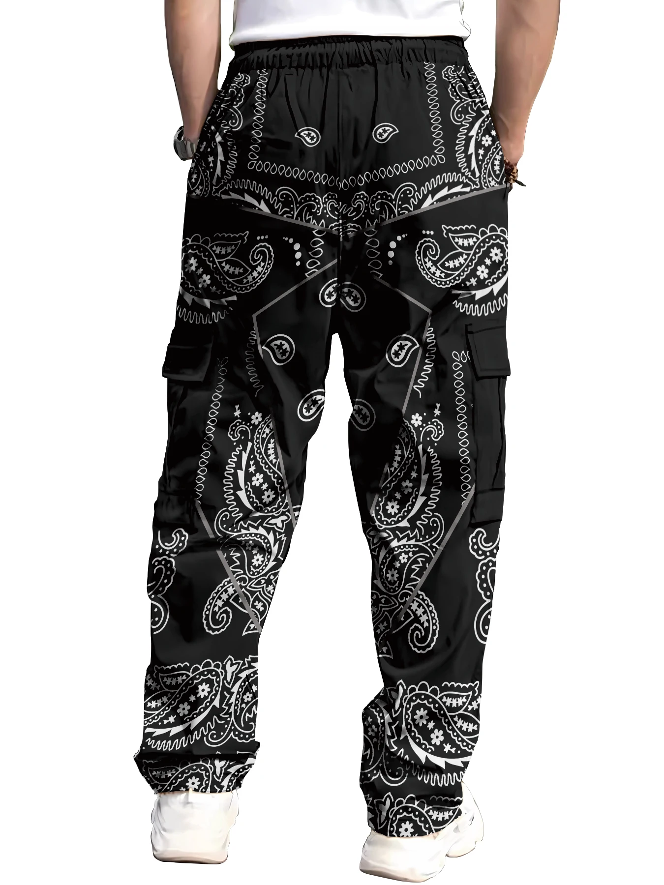 Ruffian Handsome Men's Red Cashew Flower Overalls Tied Feet and Multiple Pockets Daily Outdoor Versatile Casual Pants