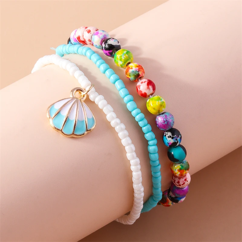 3-teiliges Set Modische Handgefertigte Perlenarmbänder für Frauen, Legierungs-Muschel-Herz-Anhänger-Armbänder, Schmuckgeschenke für Mädchen, Party, Festival – Detail 5