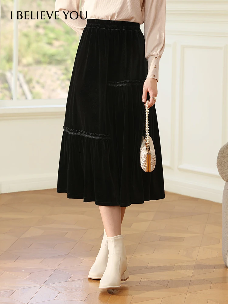 

I BELIEVE YOU Velvet A-line Skirts For Women Autumn New Trendy 2023 Black High Waist Long Elegance Solid Skirt Female 2234025407