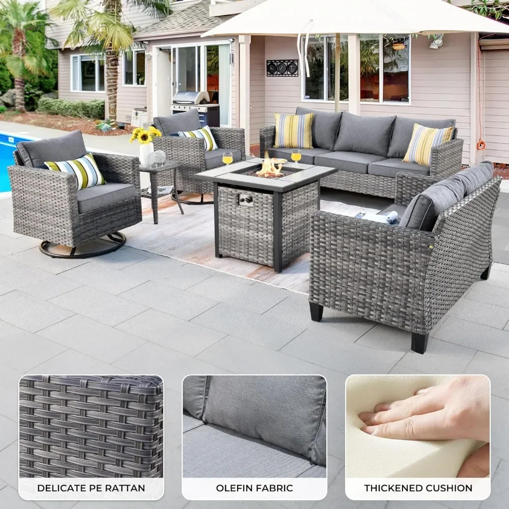 Outdoor Sofa Set of 6 with Rocking Swivel Chairs Square Fire Pit Table, Patio Furniture Set 6 Piece Outdoor Sectional Sofa Set