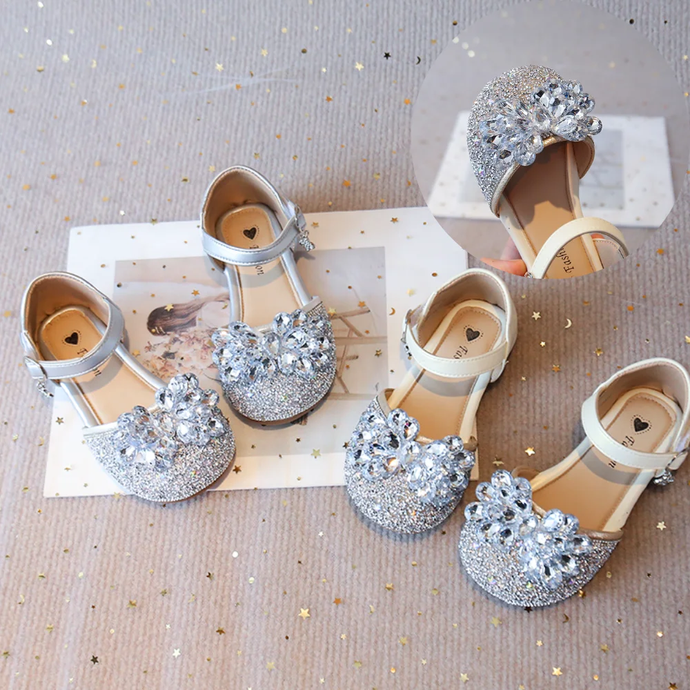 Little Girls Clear Crystal Rhinestone Formal Flat Shoes, Silver Ivory Mary Jane Sandalst Wedding Stage Pageant Kids Footwear