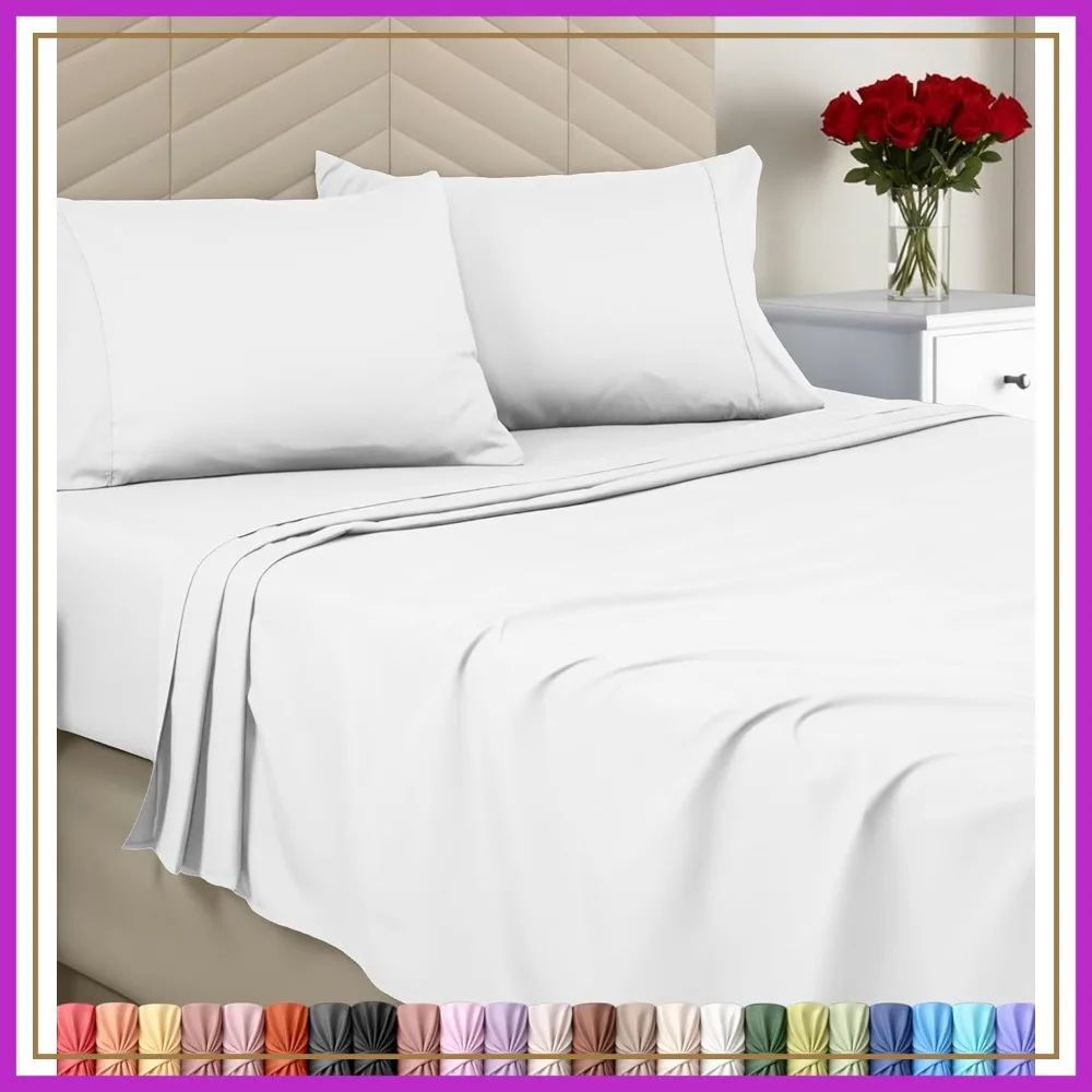 

King Size Sheet Set - 4 Piece Microfiber Bed Sheets with 15" Deep Pocket, Brushed Microfiber, White