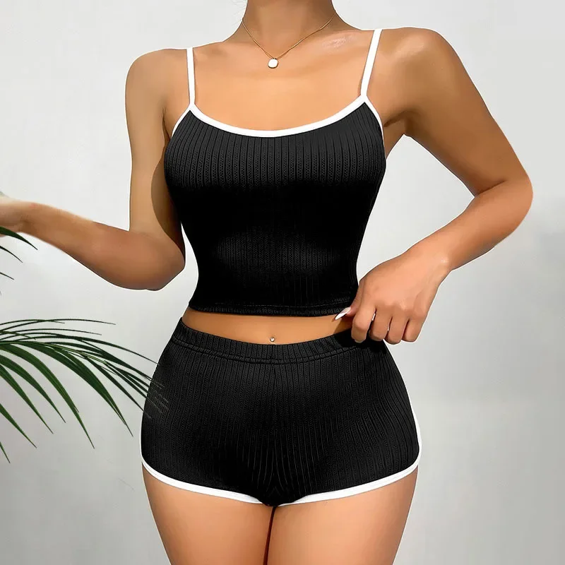 

Summer Women Shorts Solid Pajamas Of Two Pieces Thin suspenders Casual Ribbed Homewear Elastic Girls Slim Fit Home Clothing