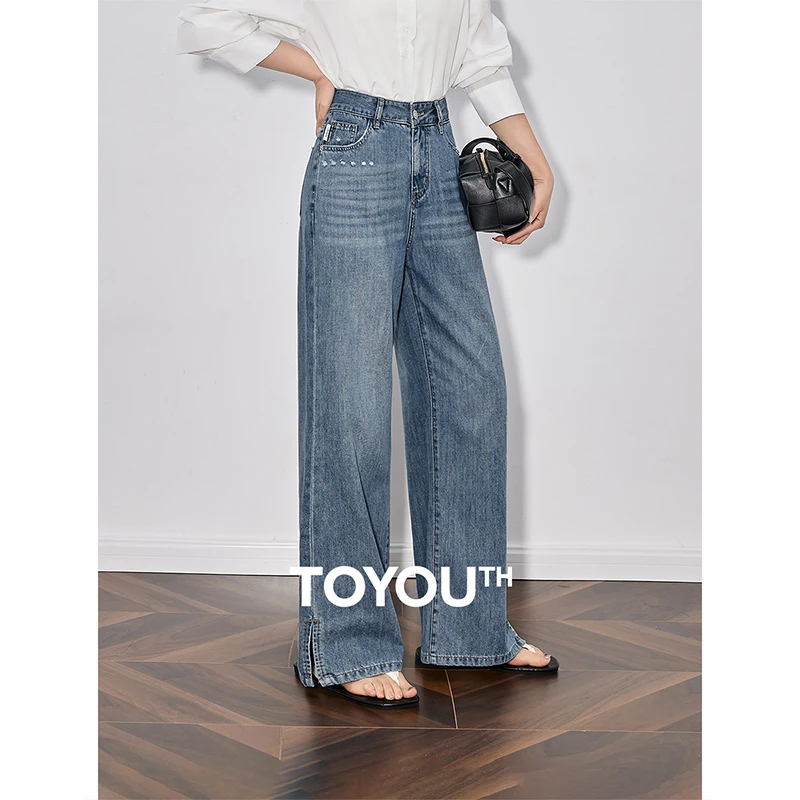 TOYOUTH Women Denim Jeans 2025 Spring New Handmade Cut Washed Straight Wide Leg Long Pants Light Blue