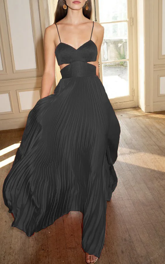 

Women's Dress Best seller Black Spaghetti Strap Cut Out Waist Pleated Maxi Dress Party Wedding Guest Evening Summer Dress