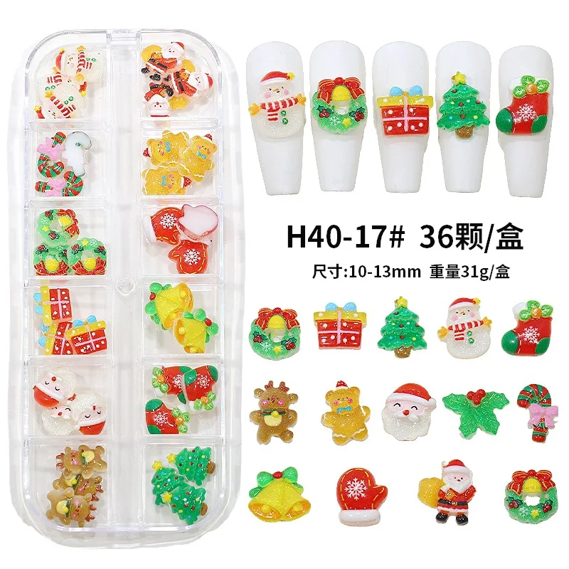 36/50PCS Colorful Merry Christmas Tree Santa Claus Snowman Bell Resin Nail Art Rhinestones Decorations Manicure Mix X'mas Charms