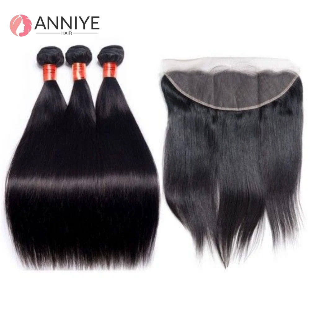 

Прямые человеческие волосы, 3 пучка с 13x4 4x4 HD, прозрачная кружевная застежка, фронтальные пучки натуральных человеческих волос, наращивание волос ANNIYE