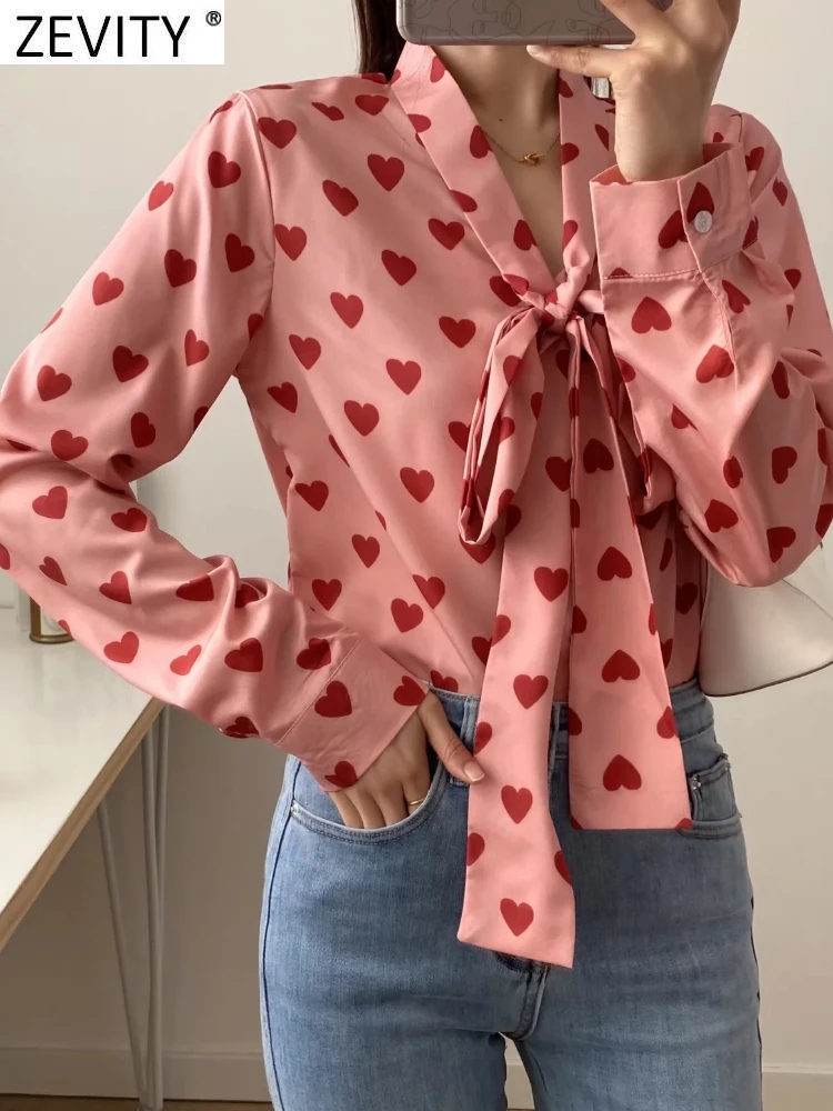 Zevity Women Sweet Bow Decoration Hearts Print Chiffon Blouse Ladies Long Sleeve Loose Shirts Chic Casual Blusas Tops LS10045