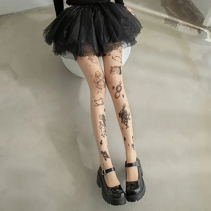 Tatuagem Lolita Girls Tights para Mulheres, Meias Altas para Coxa, Lingerie Sexy, Meias Femininas, Tatuagem JK, Y2K