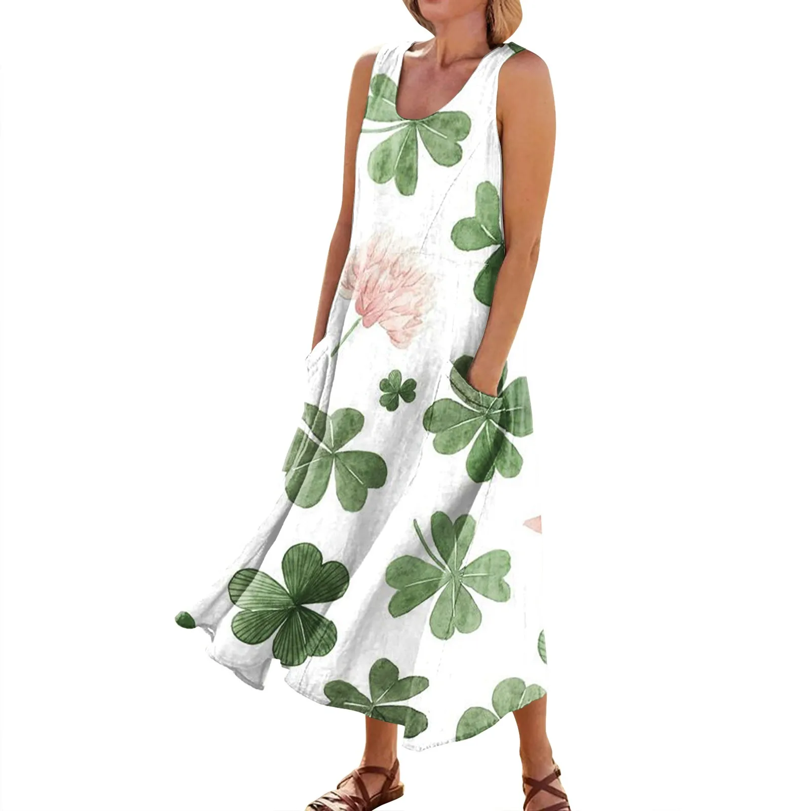 St. Patricks Day Women Sleeveless V-Neck Dresses Irish Festival Green Shamrock Clovers Dress Four-Leaf Clovers Long Vestidos