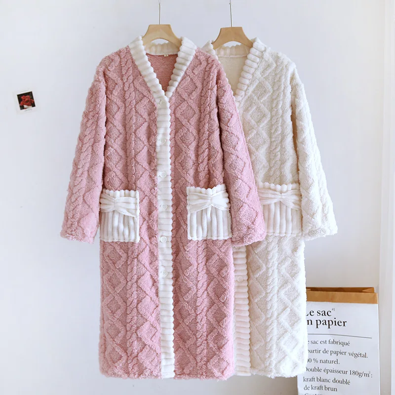 Flannel Thickening Women\'s Warm Robe Sleeping Sleepwear Winter Night Clothes Ladies Cardigan Night Gown Bathrobe Woman