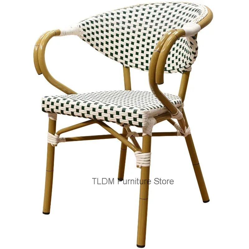 Outdoor Indoor Woven Rattan Armchair Checkered Pattern Frame Comfortable Leisure Chair for Patio Garden Dining Room Home Decor