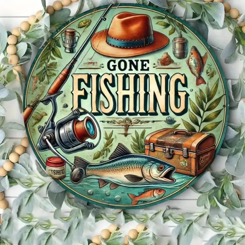 ديكور حائط ريفي "Gone Fishing" - فن داخلي/خارجي مقاوم للماء للمنازل والحدائق |   من السهل التعليق