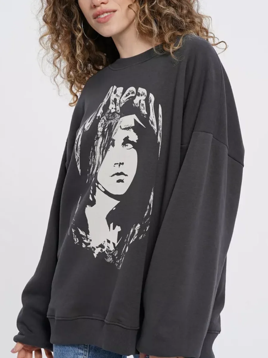 Fun Printed Sweater Crew Neck Design Personality Street Velvet Thickened Pullover Sweatshirts Women