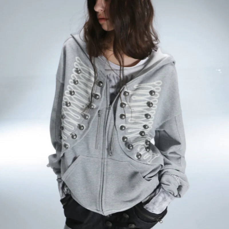 Unisex Punk Cardigan Sweater 2026 New Gothic Harajuku Metal Decor Zip Hoodie For Women Y2K Hip Hop Loose Long Sleeve Sweatshirt